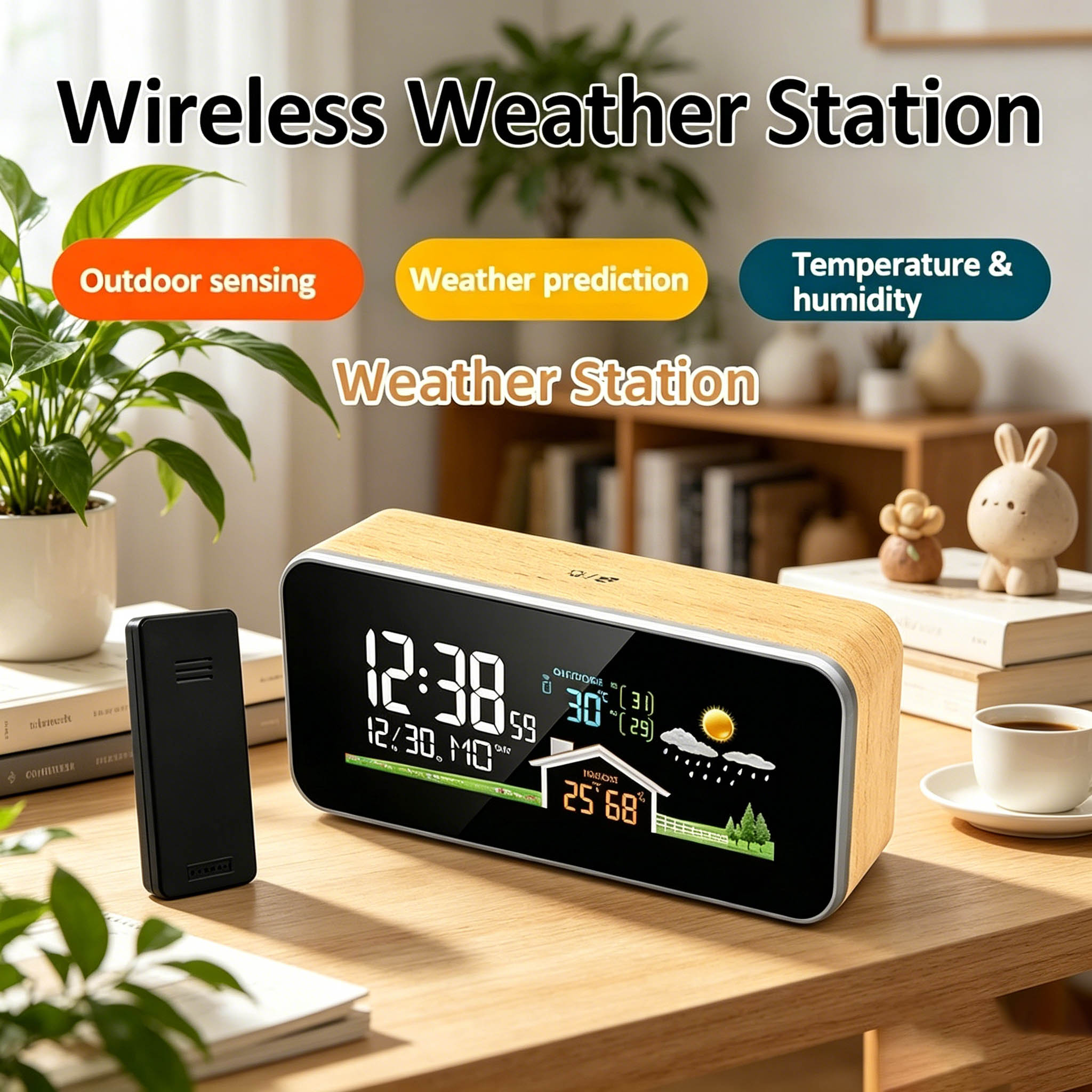 Wireless Weather Station Indoor Outdoor - Wooden Wireless Weather Station Alarm Clock